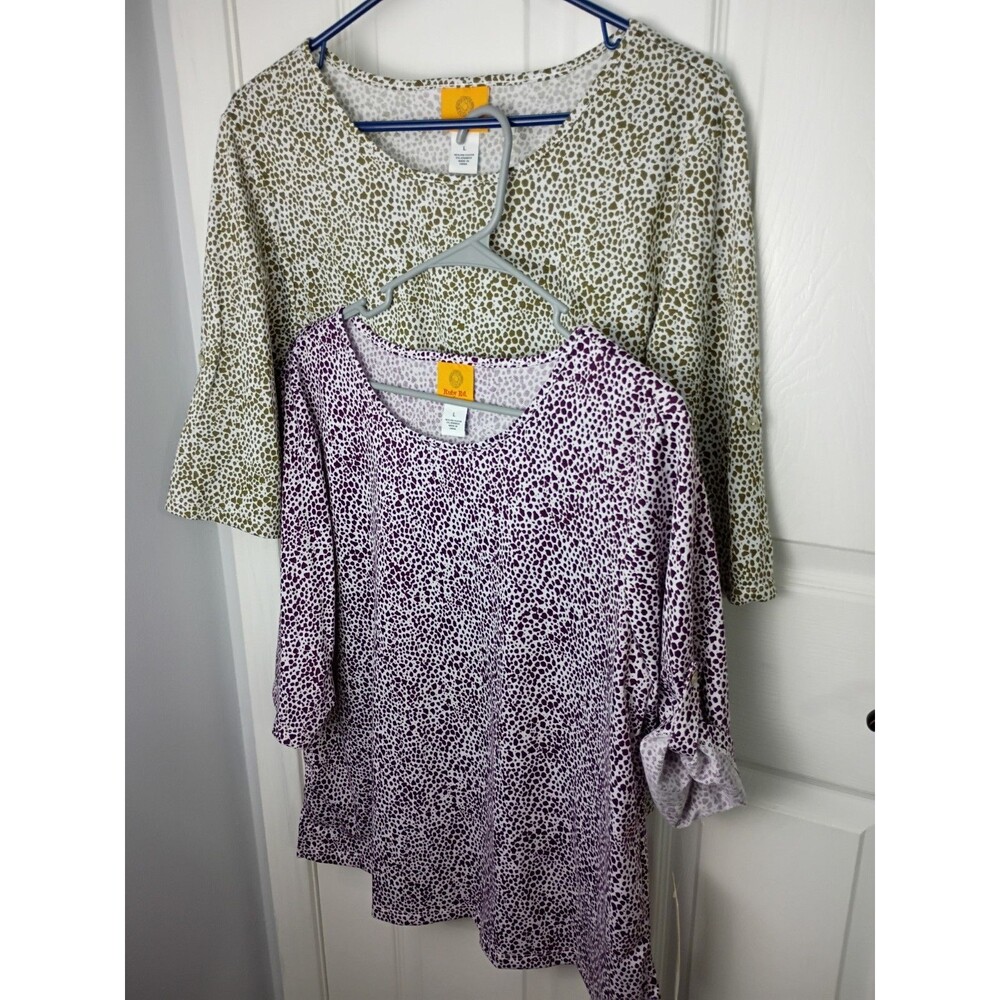 Ruby Rd Woman L 2pack 3/4 Sleeve Roll Tab Pullover  Animal Print casual tee